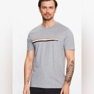 BOSS Men's Gray Tee with Stripe Detail